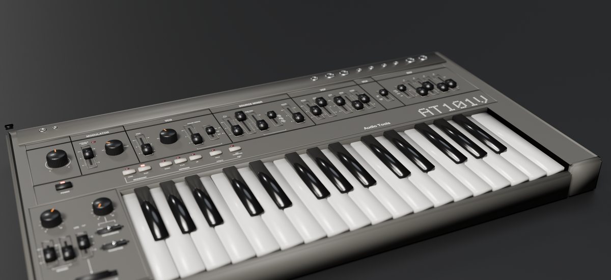 The AT101V rendered in 3D: a grey synthesizer with colored slider caps and a 32-key keyboard