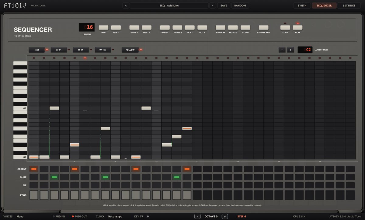AT101V Sequencer page with a 16-step acid pattern