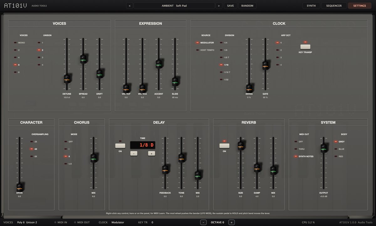 AT101V Settings page with faders and LED selectors