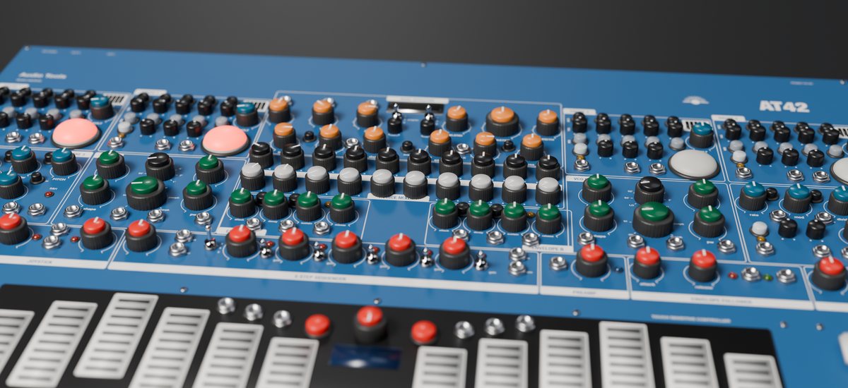 Primer plano del AT42 azul renderizado en 3D: perillas de colores, orbes de luz encendidos y las placas a rayas del teclado táctil.