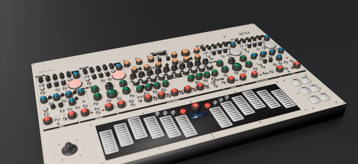 The AT42 rendered in 3D: a cream panel with coloured knobs, light orbs and a black touch keyboard