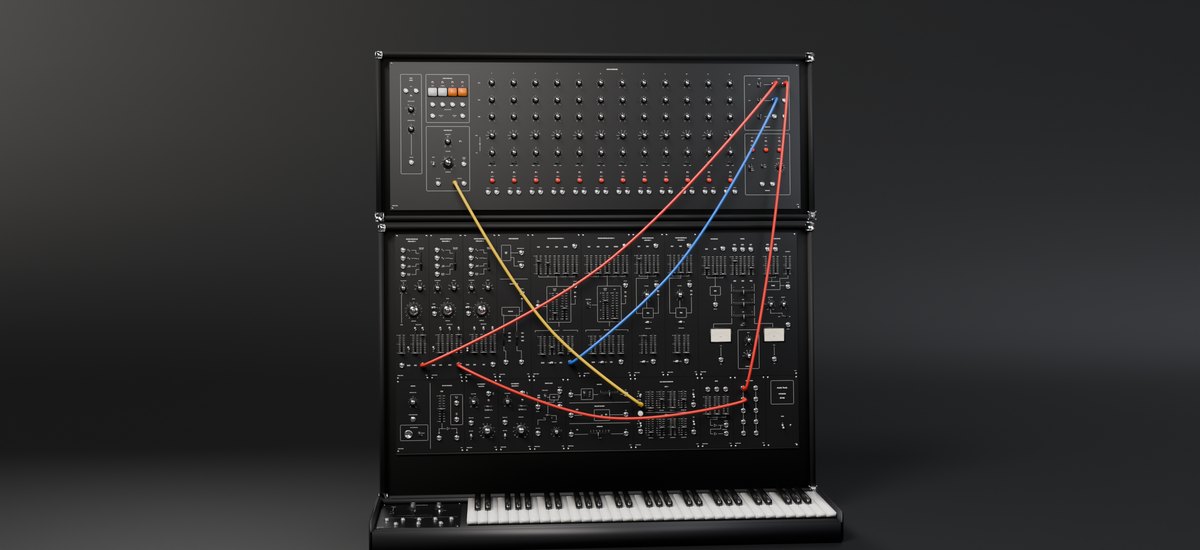 The AT700 rendered in 3D: the black 717A sequencer standing on the Main Console, patched with coloured cables, behind a 61-key keyboard
