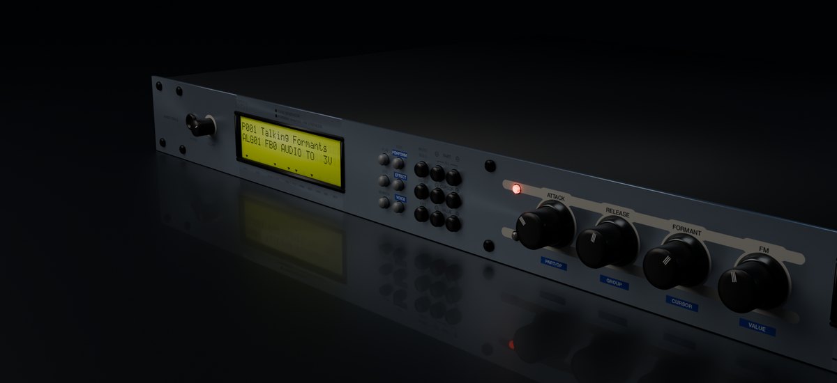 The ATFS1 rendered in 3D: a silver-blue rack unit with a yellow-green display and four black knobs