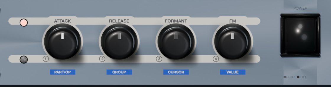 The big knobs, the knob mode button between the LEDs, and the power switch.
