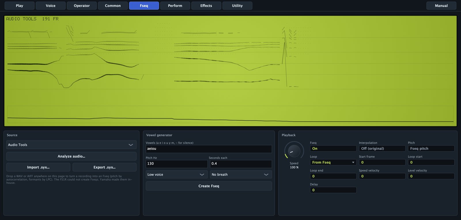 The Fseq page: the tracks of a spoken phrase, the sources, the vowel generator and the playback settings.