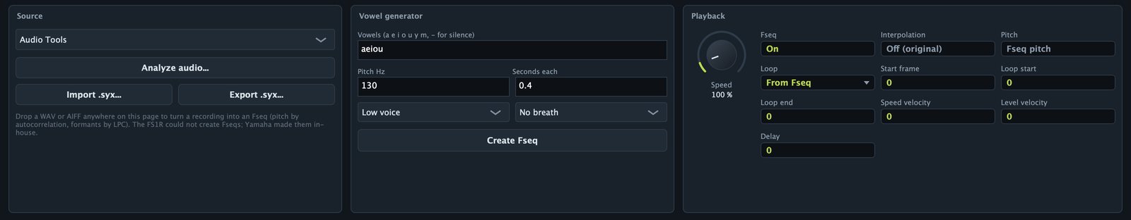 The bottom of the Fseq page: Source, Vowel generator and Playback.