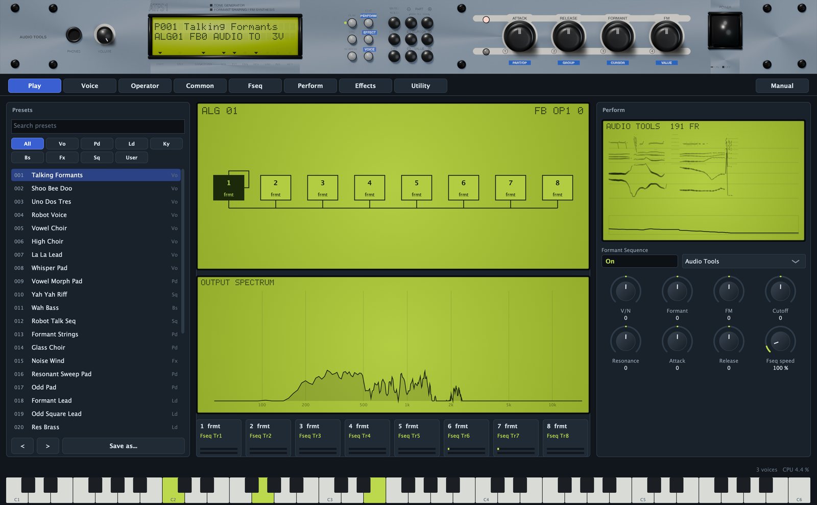 The ATFS1 editor: the front panel, the page tabs, the Play page, the status line and the keyboard.