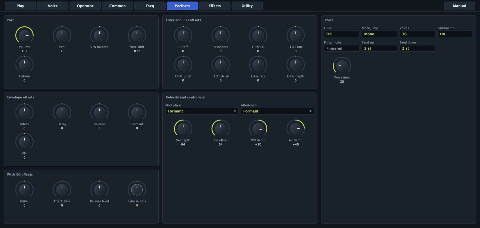 The Perform page with Formant Lead: mono, portamento, the Formant knob on the mod wheel and aftertouch.