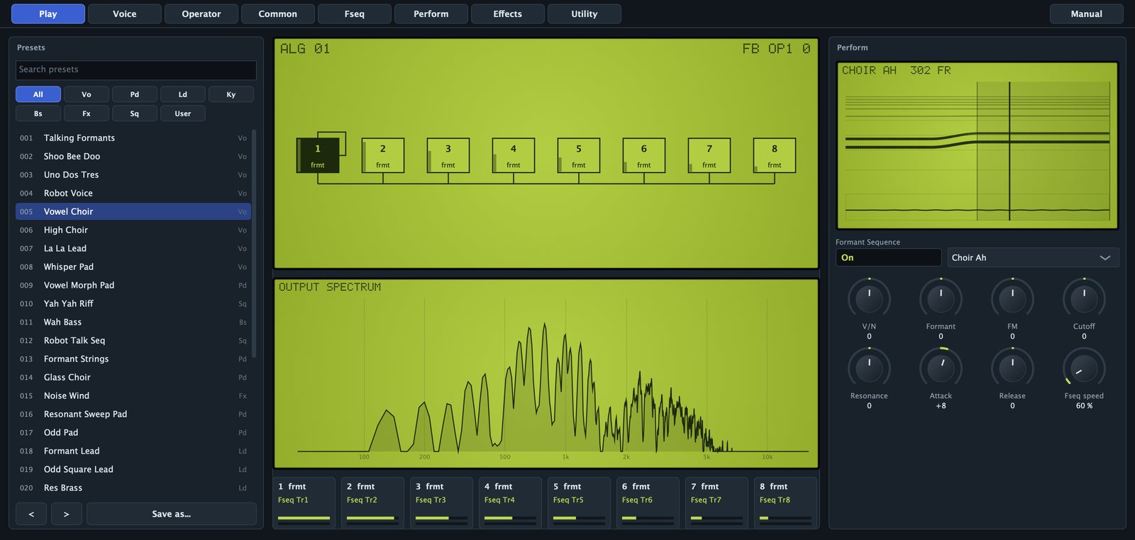 The Play page with the Vowel Choir preset.