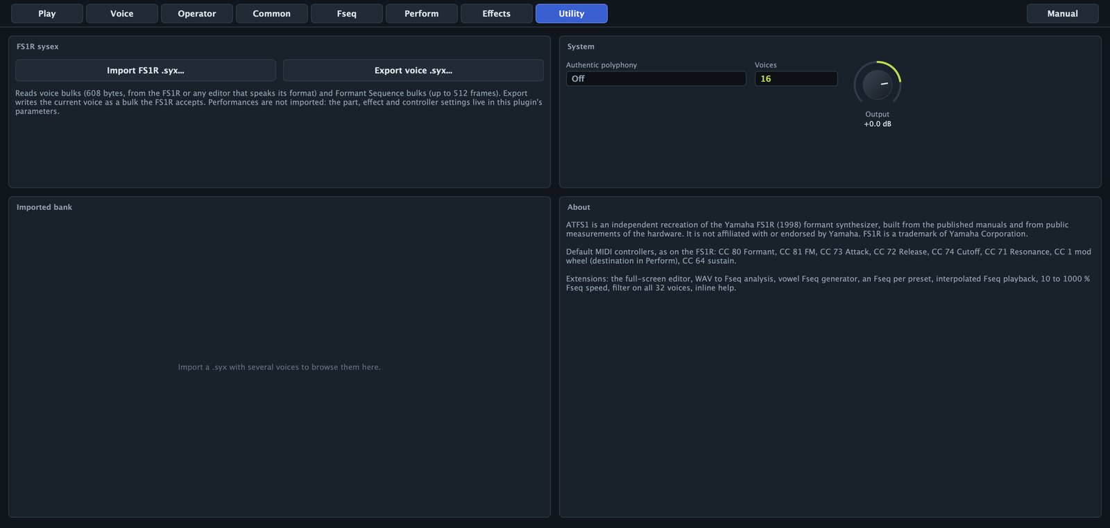 The Utility page: sysex, imported bank, system and About.