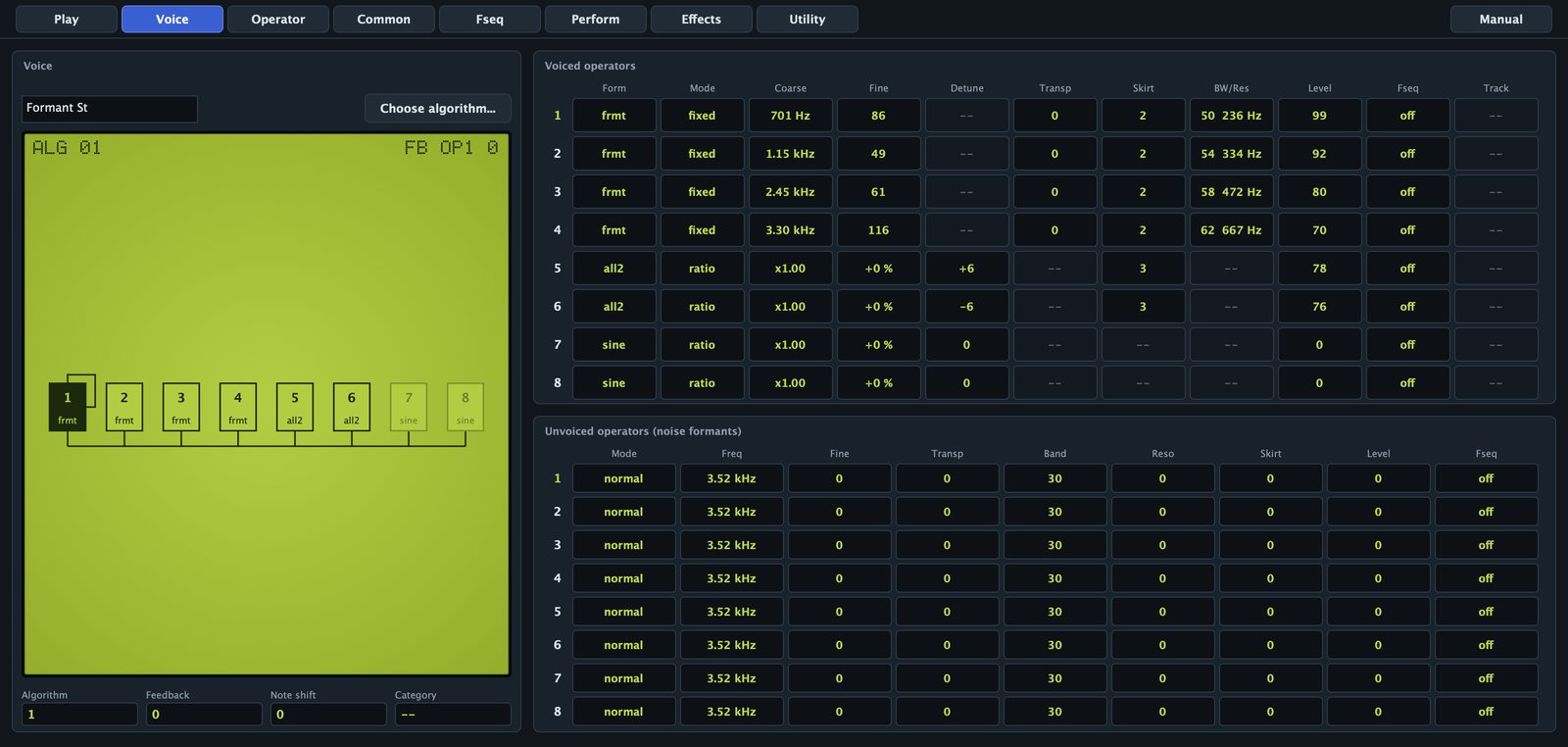 The Voice page: the algorithm, and the voiced and unvoiced operator tables.