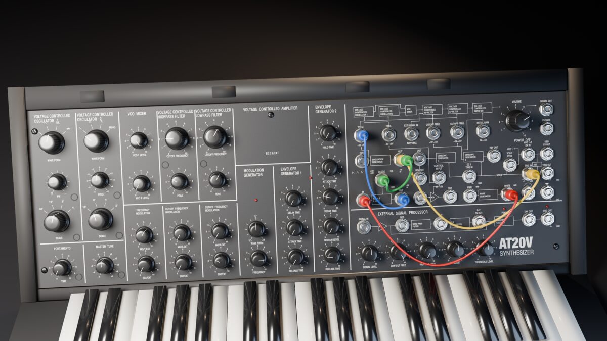 The AT20V synthesizer rendered in 3D: a charcoal front panel with black knobs, a patch bay with colored cables and a 37-key keyboard.