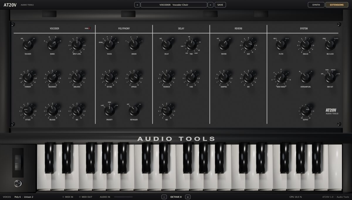AT20V Extensions page with vocoder, polyphony, delay, reverb and system knobs